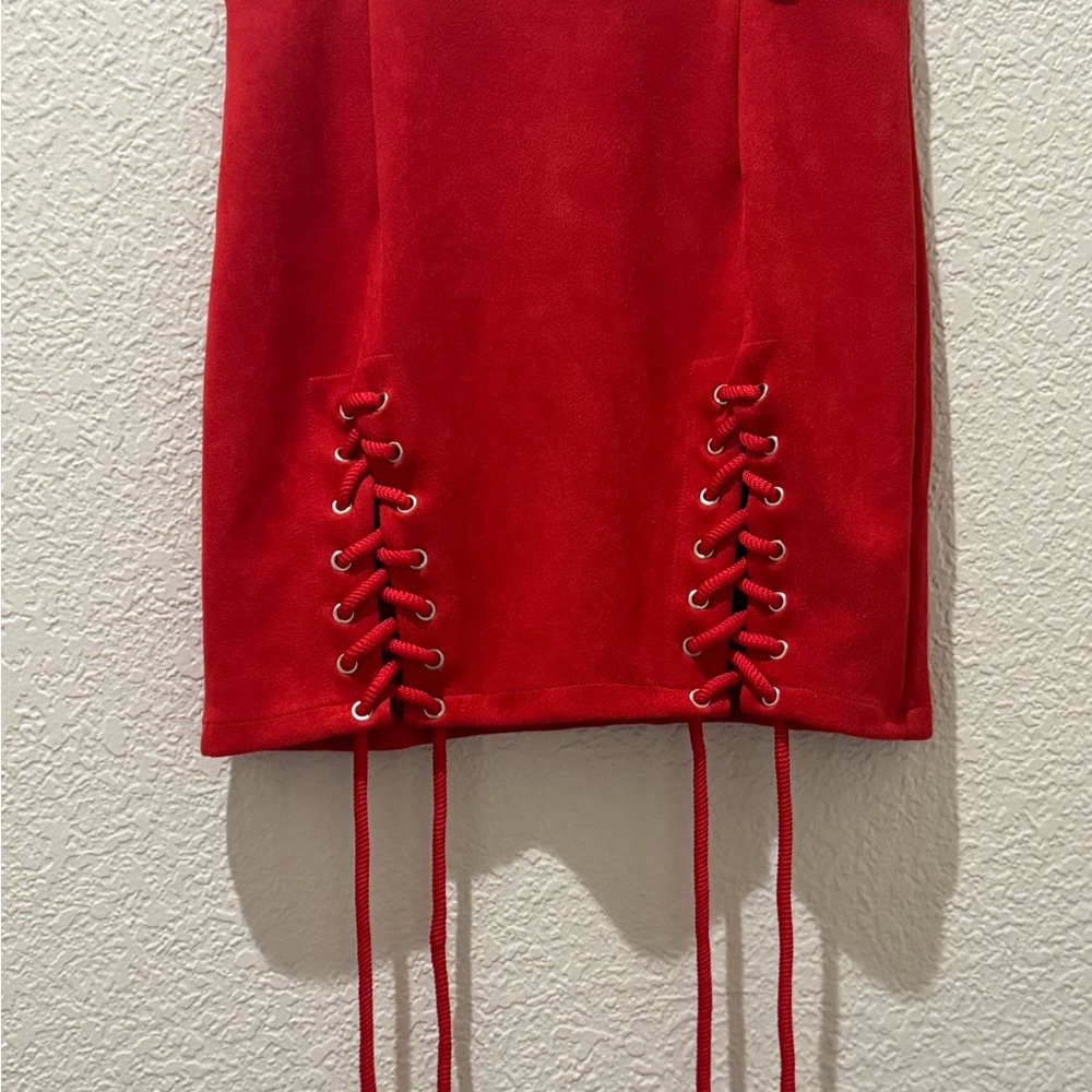 Red Mini Pencil Skirt with Tie Front